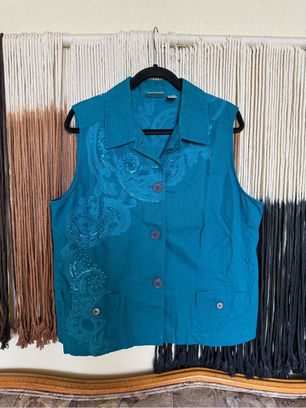 Teal Chico's button up vest with embroidered and sequin paisley design